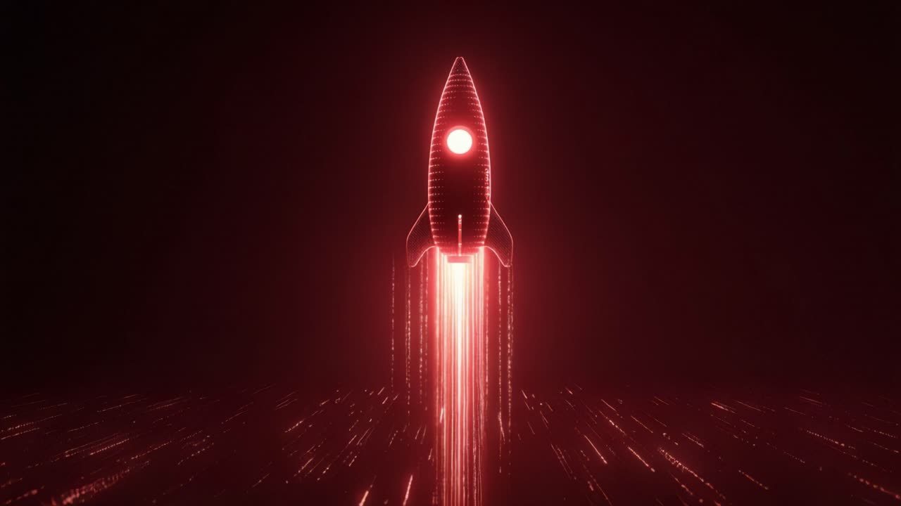 Digital red rocket launching at high speed through a futuristic data stream, representing rapid business growth, startup success, and technological innovation in a dynamic, abstract visual concept