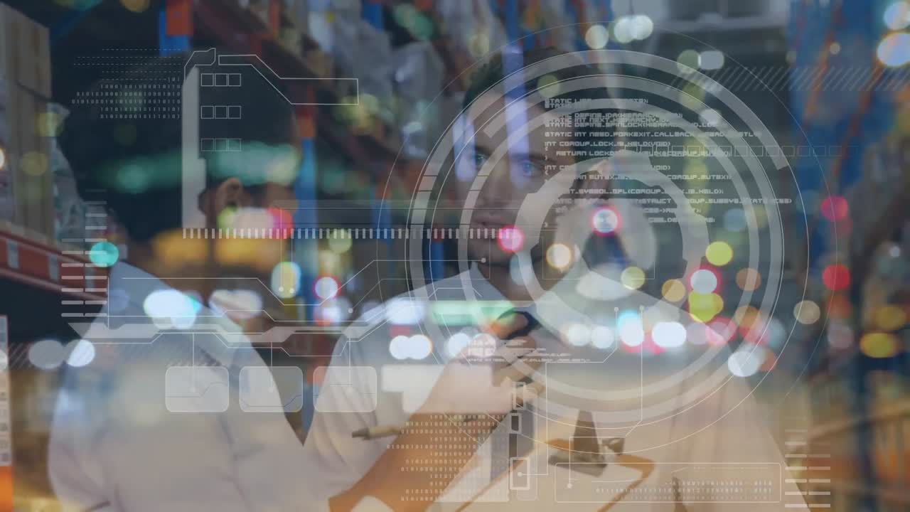 창고에서 일하는 사람들에 대한 금융 데이터 처리의 애니메이션