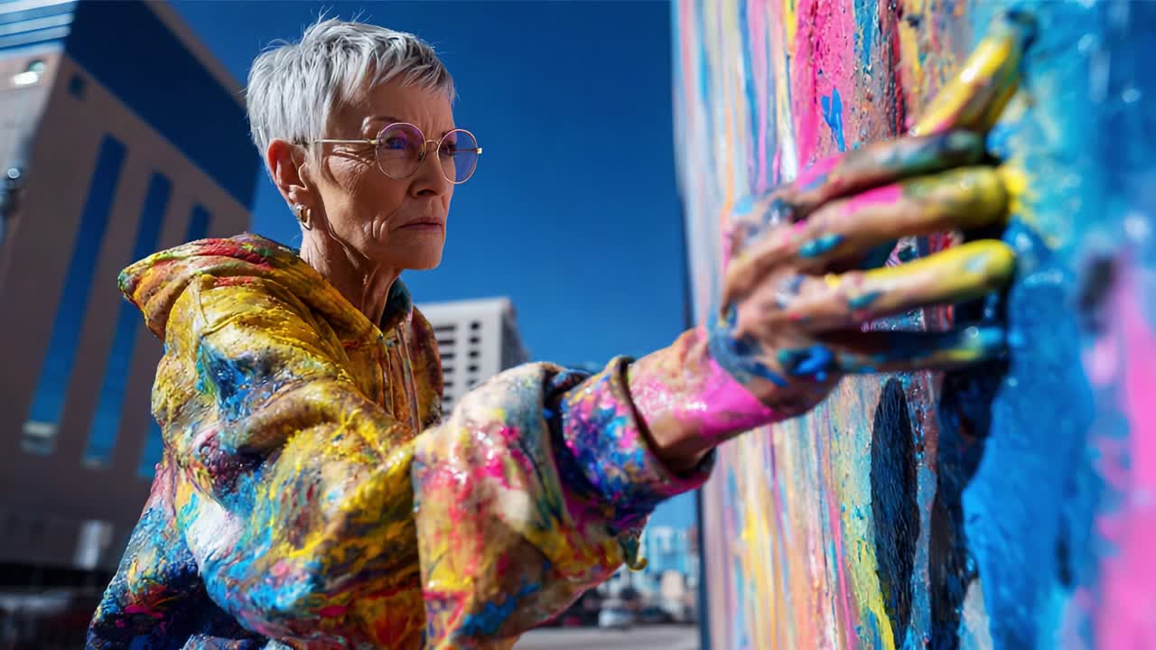 En ældre kvinde engagerer sig passioneret i levende vægmaleri og viser sin kreativitet og dygtighed inden for farveudtryk mod en dynamisk, urban baggrund