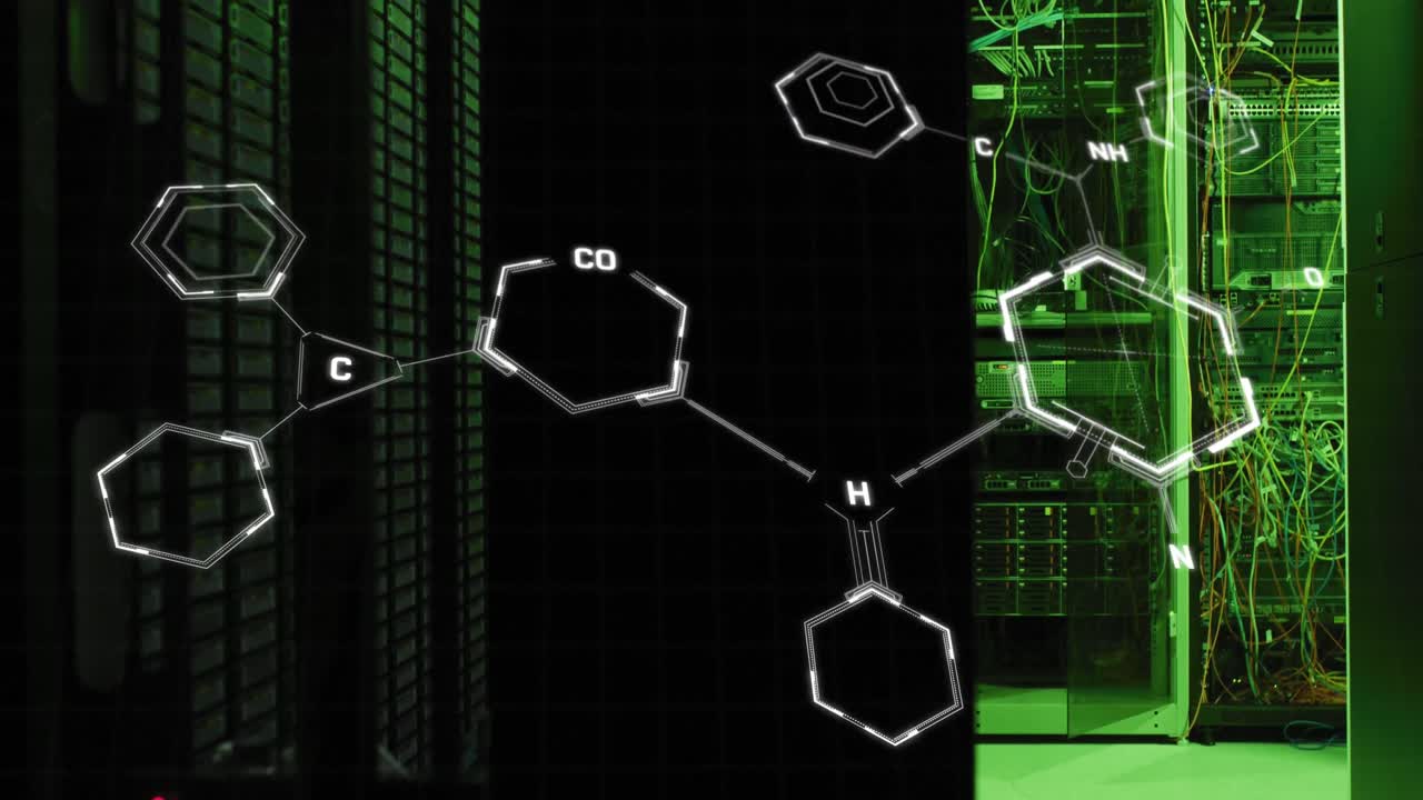 배경에서 조명된 서버 방에서 분자 구조의 애니메이션