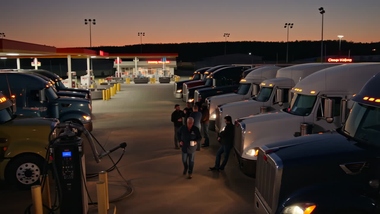 Truckers at a busy truck stop during dusk