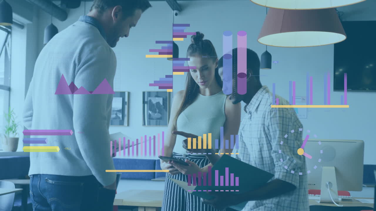 animación de análisis de datos de negocios sobre diversos colegas discutiendo el proyecto en la oficina