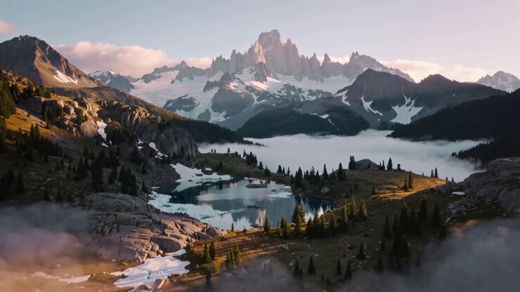 La telecamera si allontana, rivelando un lago alpino e cime, con il sole che sorge, mostrando massi, una baita e nebbia.