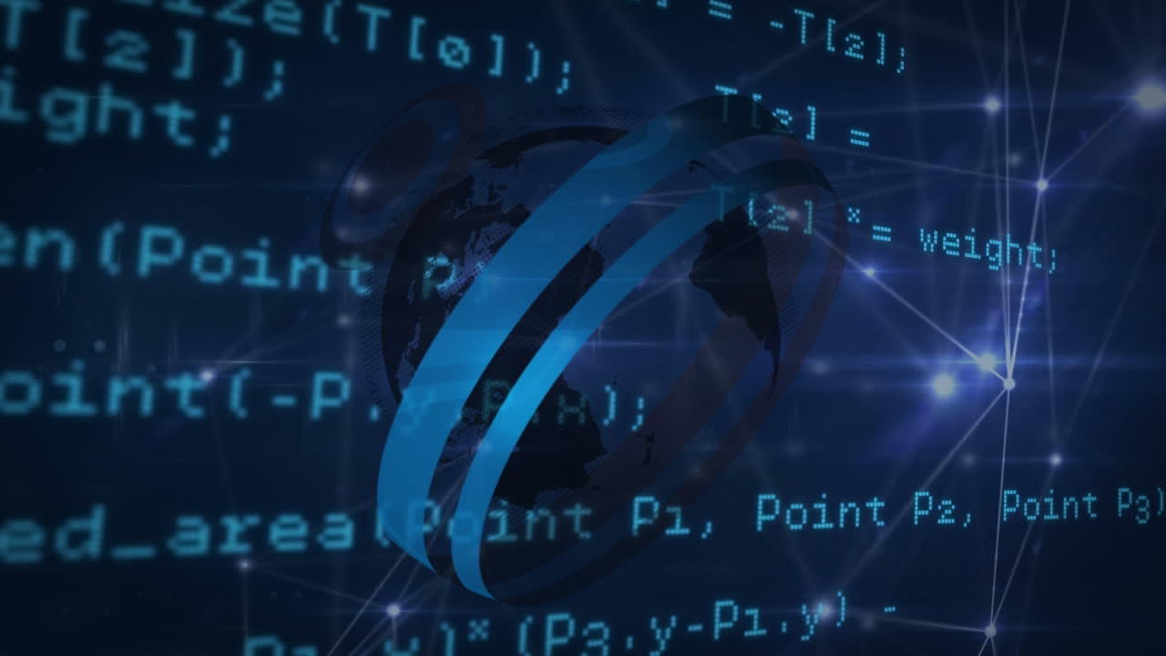 Animation of globe over data processing and network of connections on black background