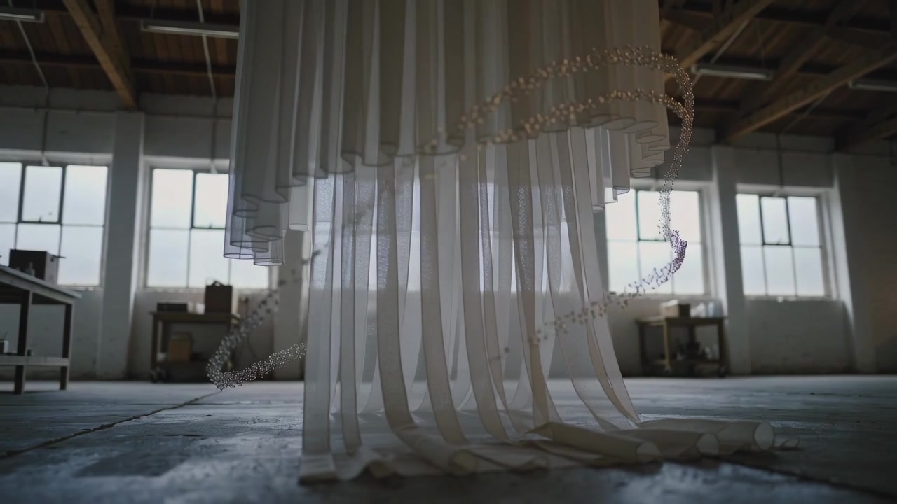 Swaying sheer curtain rippling on studio concrete floor, beaded strand spiraling from window draft