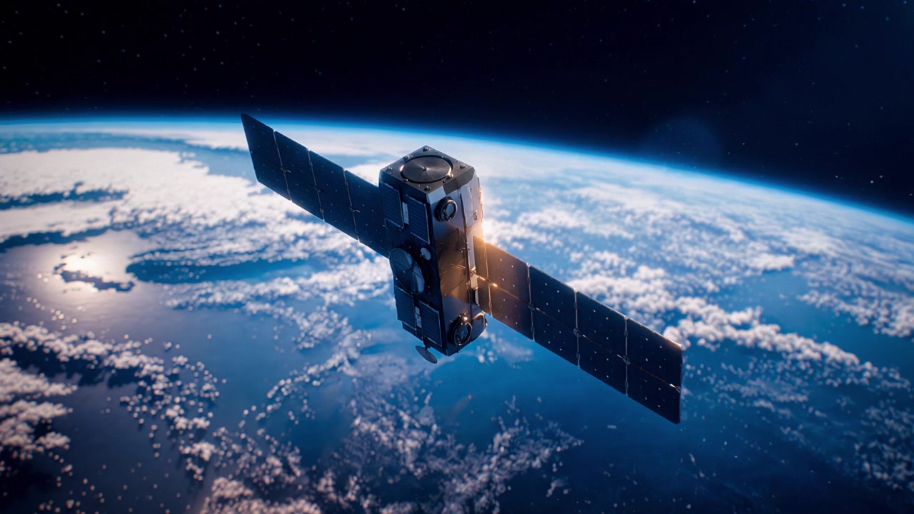 Kunstig satellit kredser om Jorden i det ydre rum