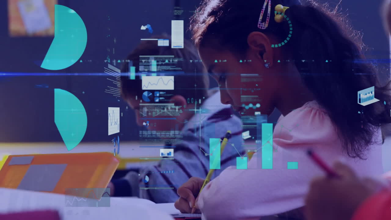 Animation of multiple graphs and trading board over diverse students writing in notebook