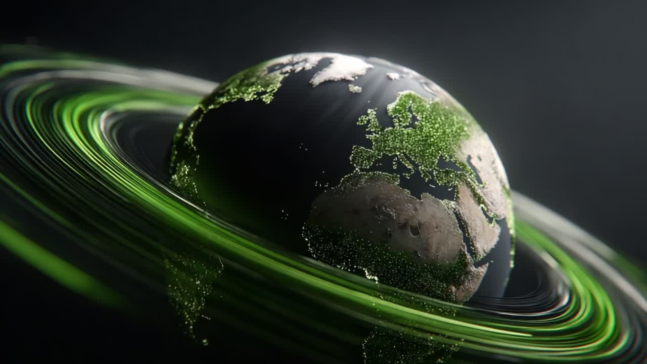 Una visualizzazione mozzafiato della Terra circondata da vivaci anelli di energia verde, catturando l'essenza della sostenibilità e della connettività globale.