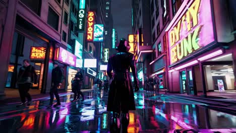 cyberpunk city night scene with hooded figure