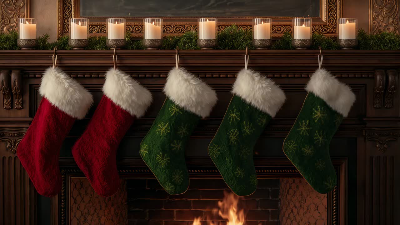 Opening shot showing wooden mantel with dancing firelight, glowing candles at home, with stockings