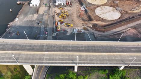 Aerial-view-flying-parallel-to-the-Victory-Bridge-in-Perth-Amboy,-New-Jersey