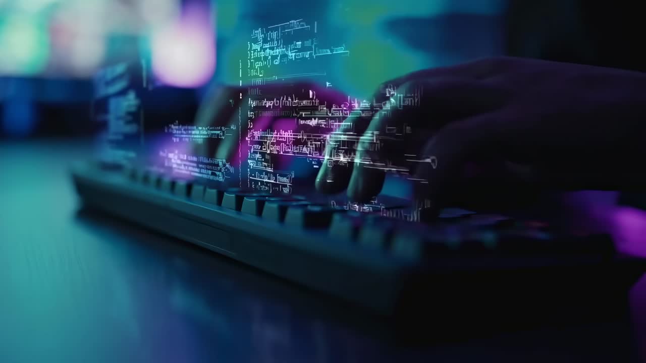 Low-angle shot of hands typing code, with digital effects, in a cyber-themed video style