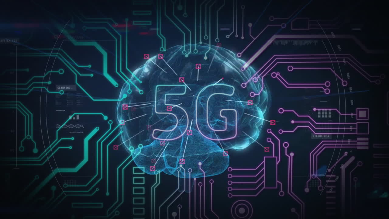 animazione di 5g con scheda di circuito di computer su cervello digitale su sfondo nero