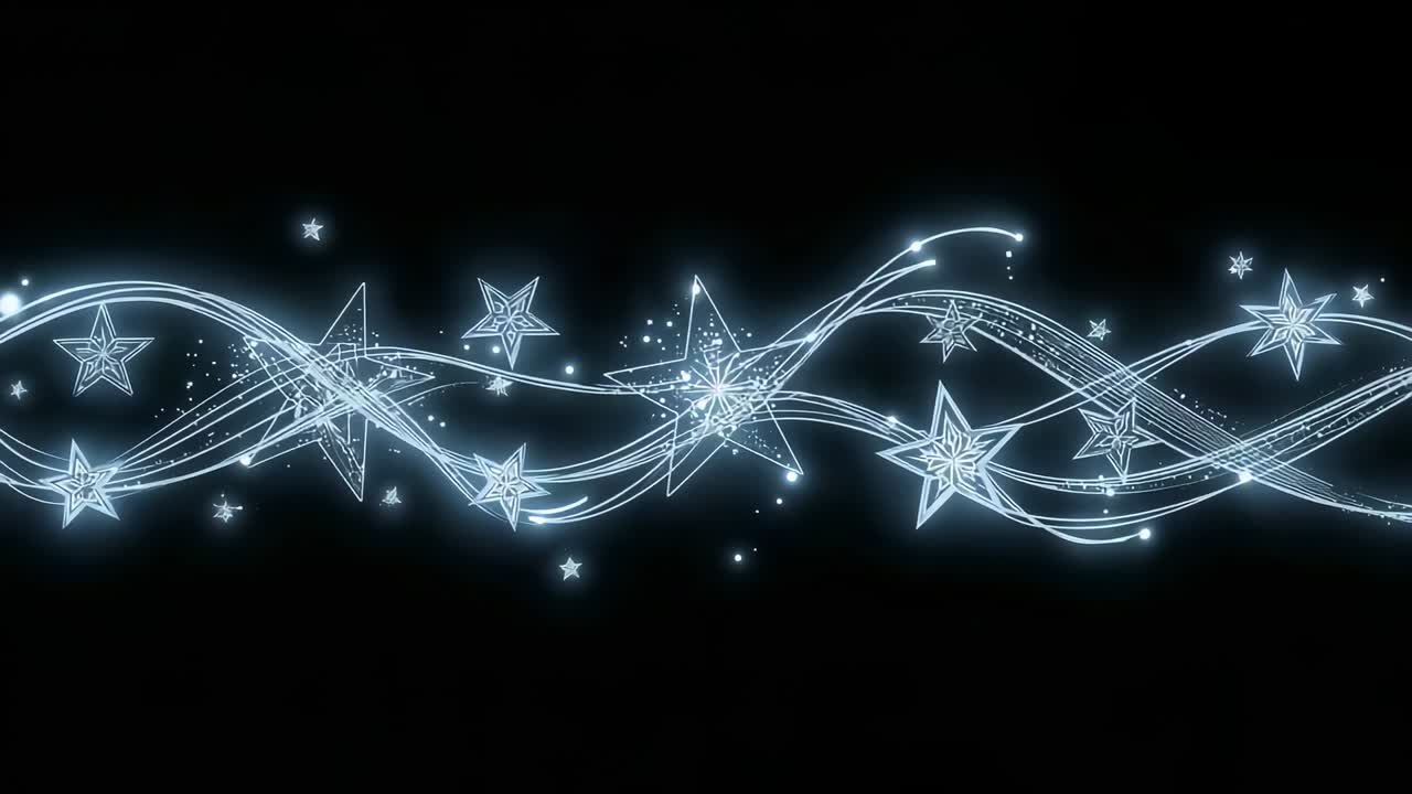 Phasing light band with glowing stars and ribbons moving across black field, making flowing glow