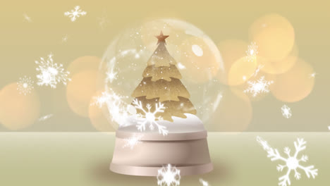 animation of falling snow over snow globe with christmas tree