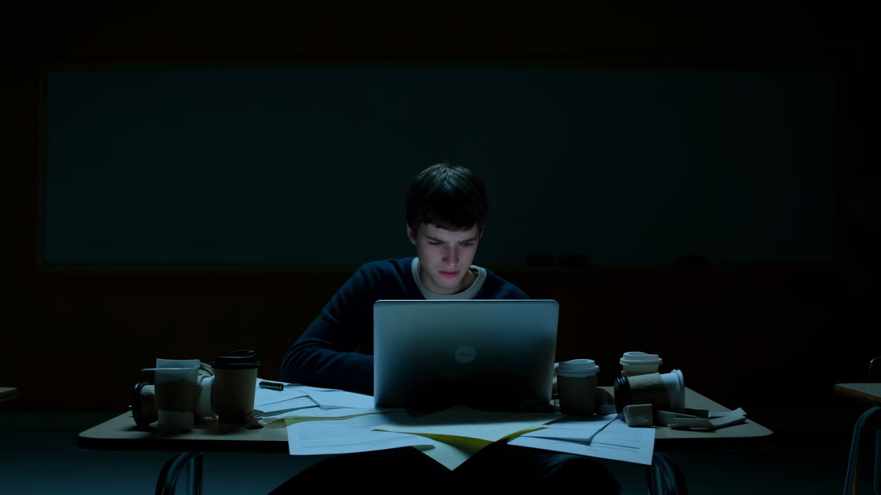 White Student Latenight Laptop Study Session, Teenage Male In Dark Classroom Surrounded By Papers, Lamp