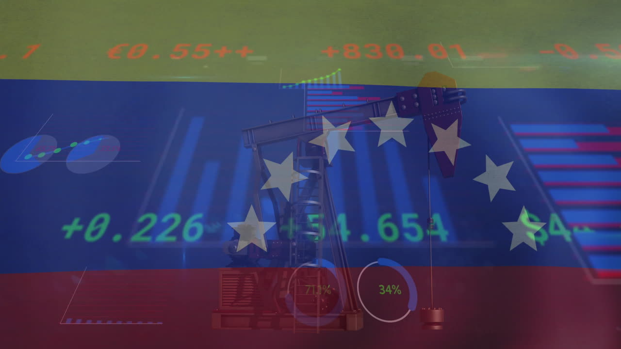 animación del procesamiento de datos financieros sobre la bandera de venezuela