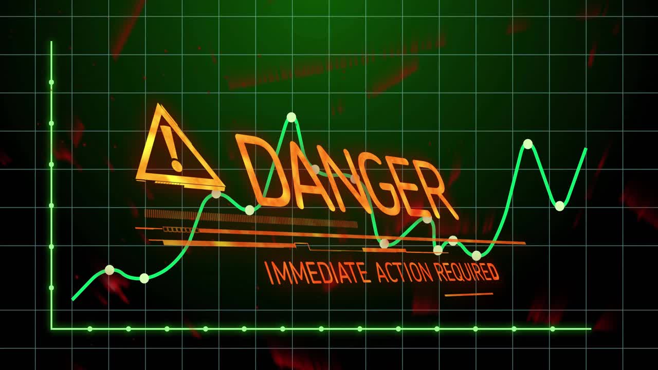 Display di avviso arancione che lampeggia su un grafico a linee verde neon in stile flat design, mostrando accenti HUD.