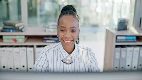 Business,-black-woman-and-smile-at-computer