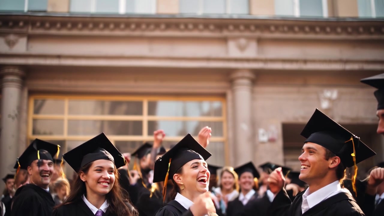 Gruppo di laureati felici che lanciano i cappelli in aria