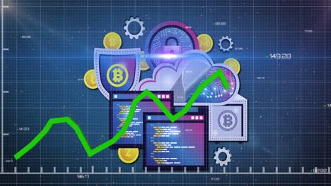 gráfico verde moviéndose sobre la seguridad cibernética y iconos de bitcoin contra el fondo de horneado azul