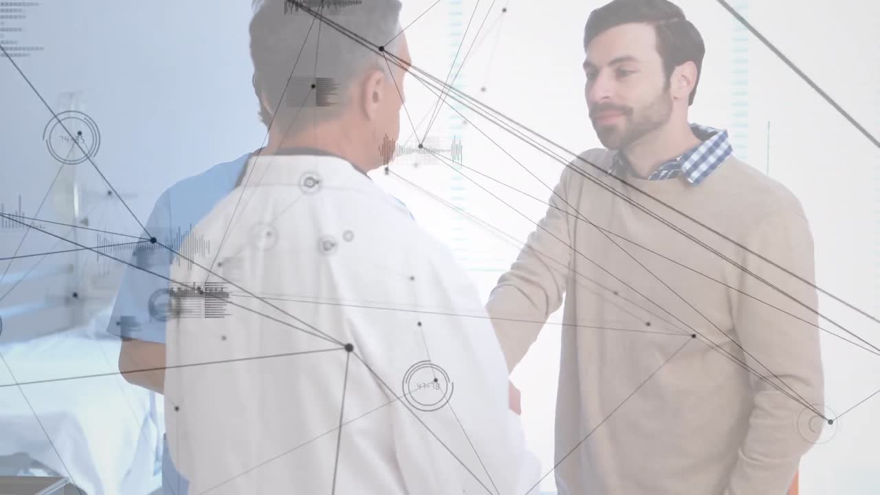 animación de conexiones sobre un médico masculino caucásico y pacientes hablando