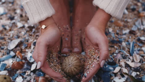 Nahaufnahme-Von-Frauenhänden,-Die-Muscheln-Halten-Und-Die-Wunderschöne-Natürliche-Vielfalt-Am-Strand-Genießen.-Tourist,-Der-Schöne-Muscheln-Sammelt