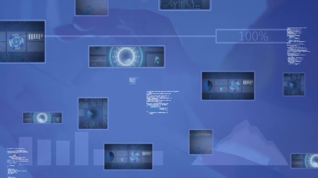 animación del procesamiento de datos y escaneado de ámbitos sobre la mujer usando tableta