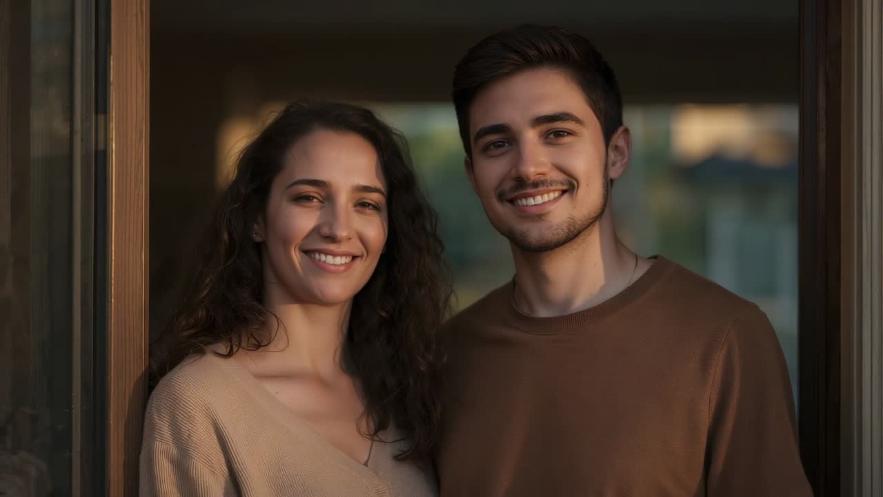 Casal posando, vestindo suéter bege e suéter marrom, respondendo às indicações da câmera em uma porta de madeira.