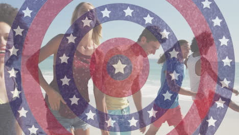 animation of american flag circles spinning over friends walking on beach