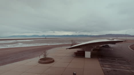 cloudy day at a rest stop overlooking salt flats