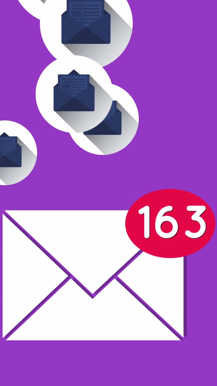 Icona busta con numeri crescenti su icone di messaggi su sfondo viola.