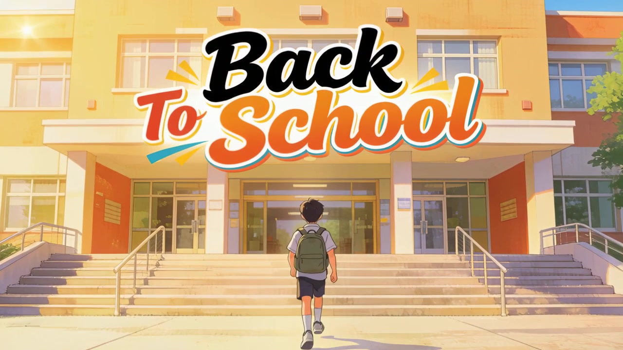 Walking student with green backpack in white tee climbing school steps as Back To School overlay