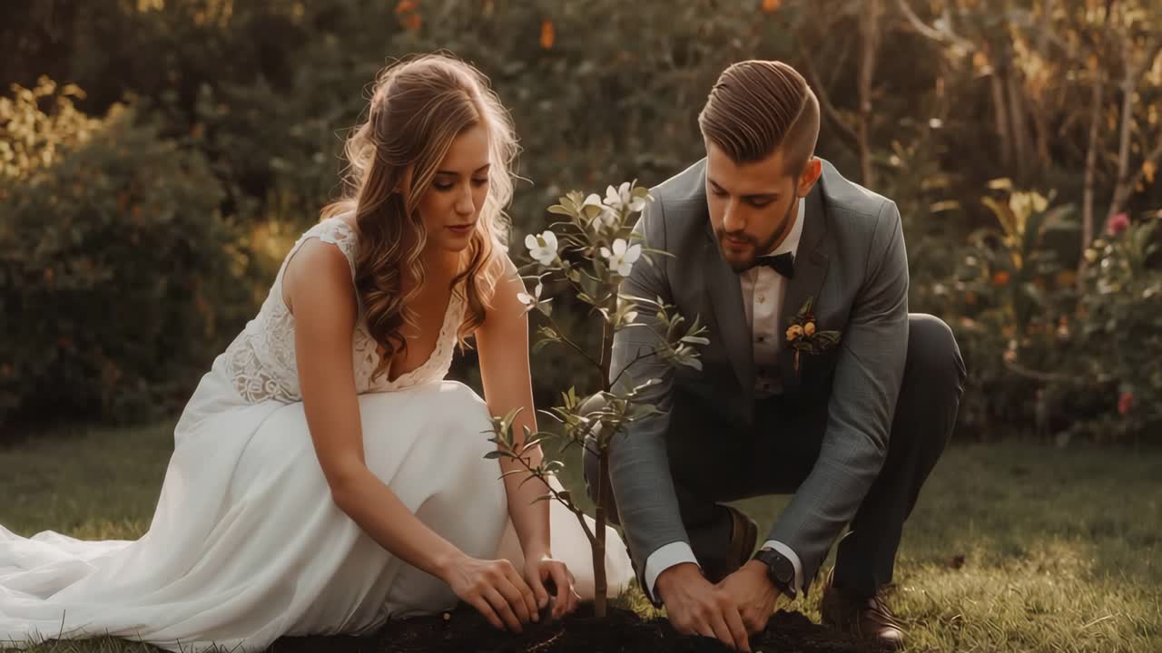 Couple Planting a Tree at Their Wedding