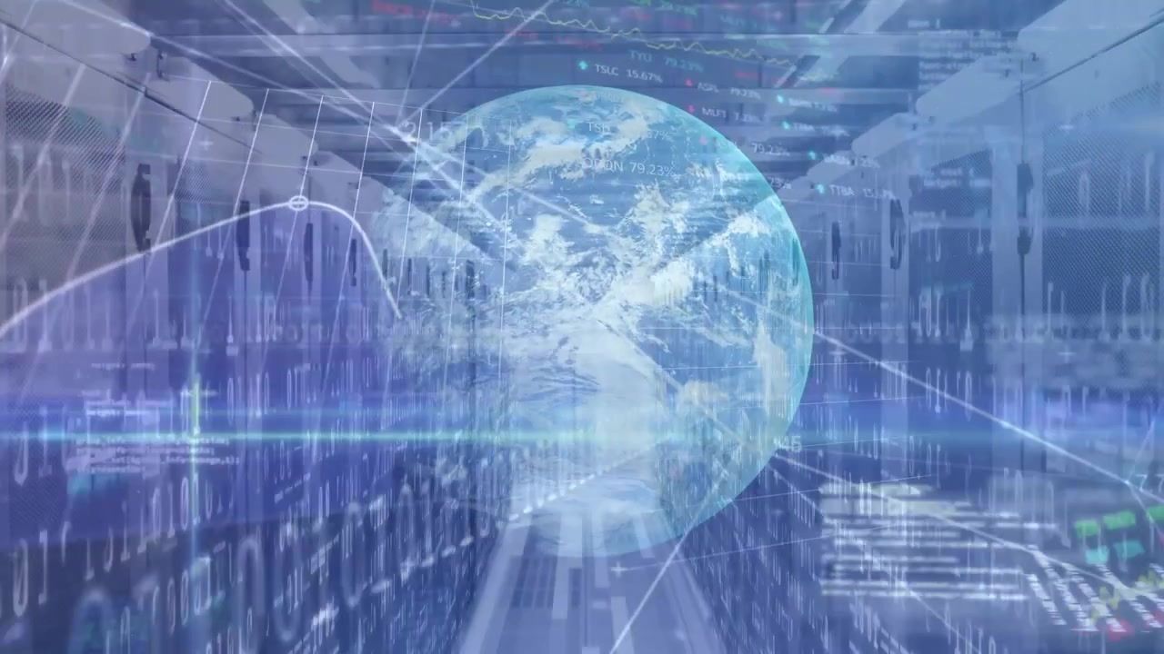 Animation of data processing with globe over server room
