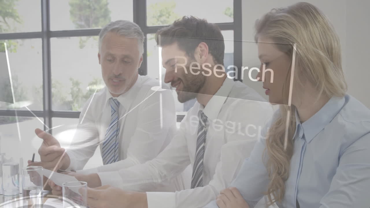 Discussing research data, business professionals in modern office with animation screen