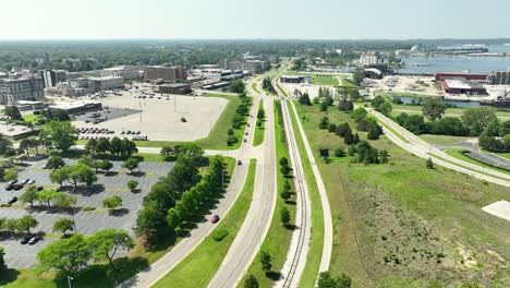 Aerial-view-over-Seaway-drive-in-Muskegon