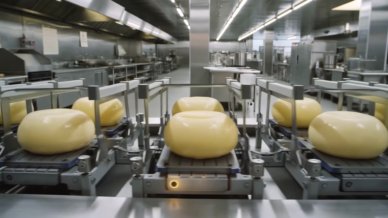 Low frontal view of large round cheese wheels arranged on three parallel conveyor tracks inside stainless steel food processing kitchen, showing clean industrial surfaces, bright lighting, depth