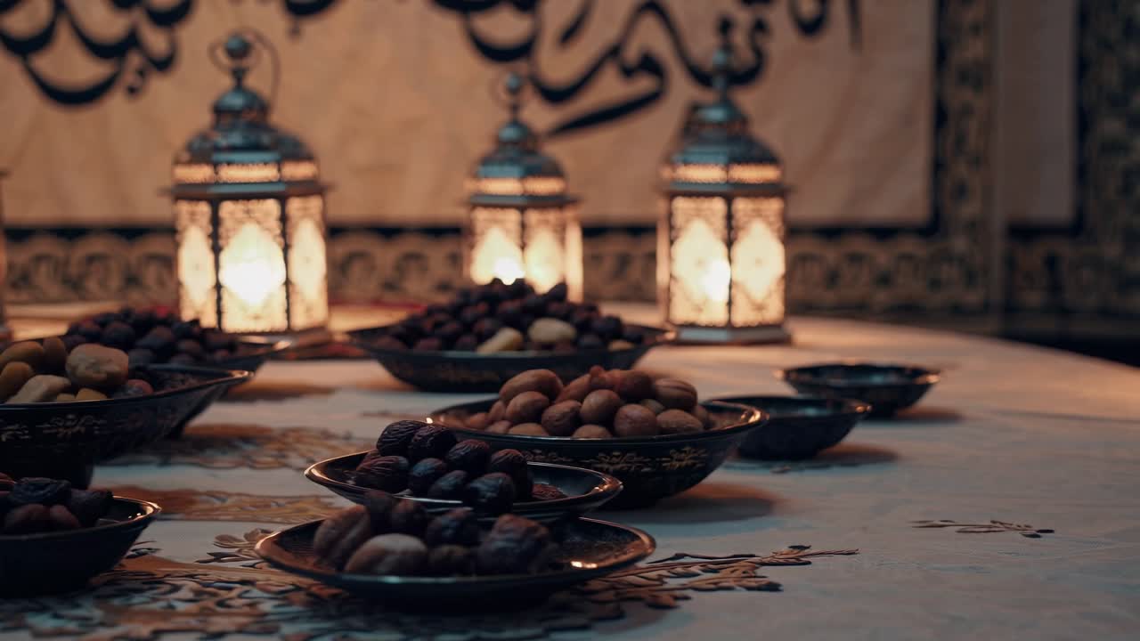 la cálida luz de las velas ilumina una mesa adornada con dátiles, nueces y linternas tradicionales, creando una atmósfera serena para la celebración del ramadán