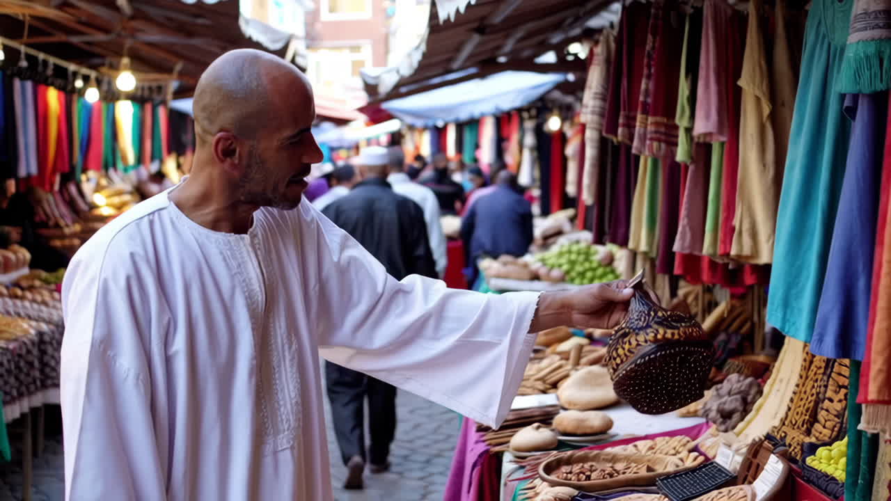 Busy Street Market Scene with Clothing and Other Goods