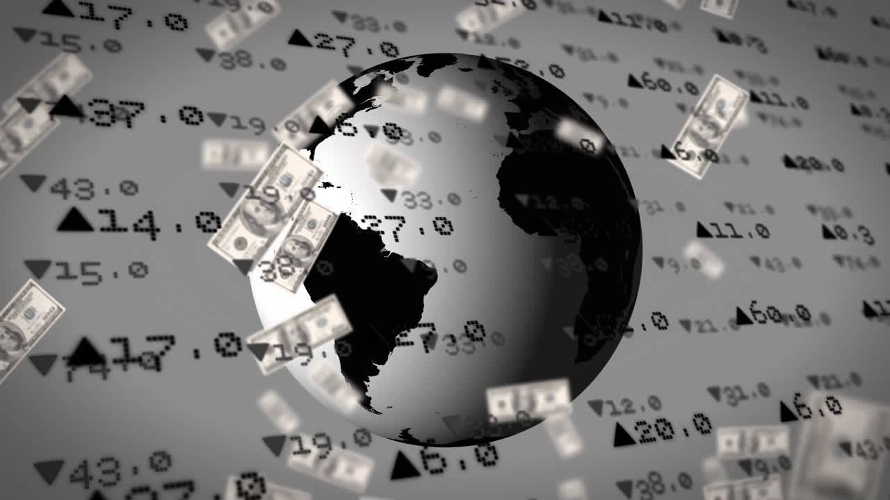 American dollars falling over spinning globe against stock market data processing