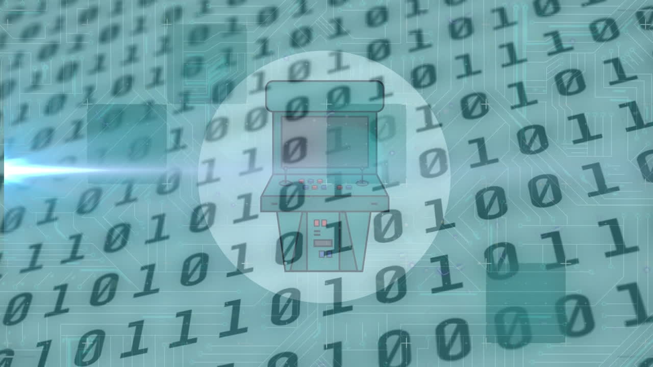 Animation of binary coding and icons over glowing computer circuit board