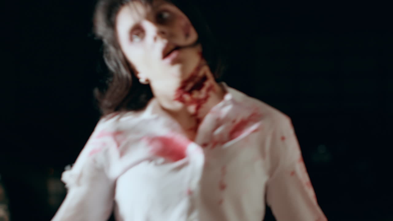 Scary looking crippled office zombies with bloody wounds creeping through city