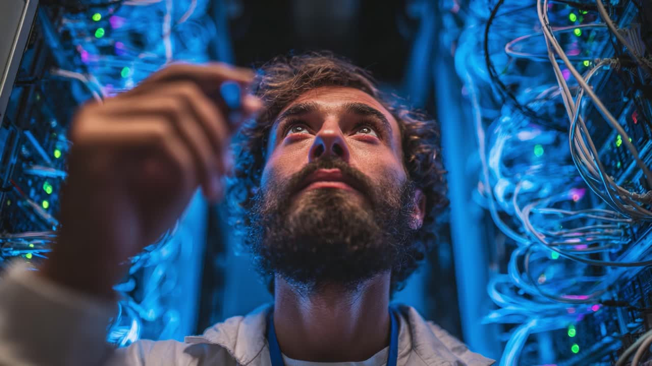 Ein Techniker analysiert komplexe Datenverbindungen in einem Serverschrank, beleuchtet von hellen LED-Lichtern, was die moderne Ära der Informationstechnologie widerspiegelt.