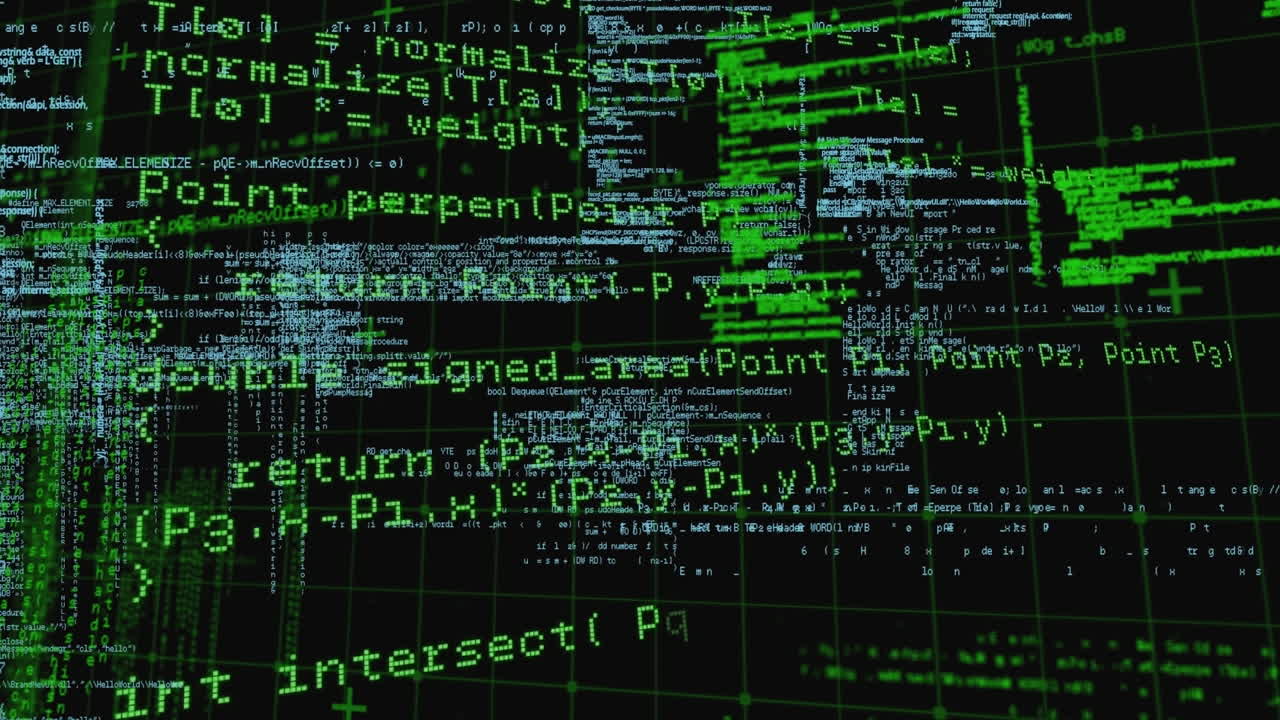 animação de padrão de grade sobre linguagem de programação de cor azul e verde sobre fundo preto.