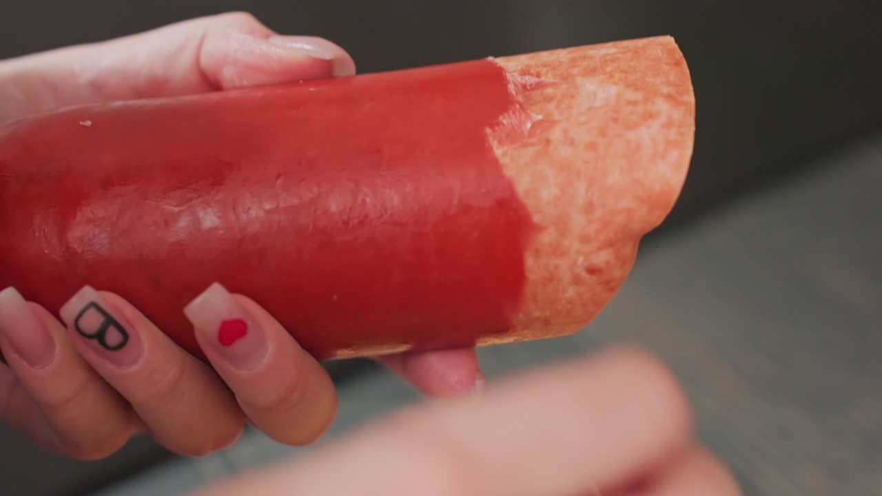 close up hands peeling plastic wrap from surface of red hotdog during kitchen food preparation showing removal process with fingers pulling cover off meat over dark wooden counter