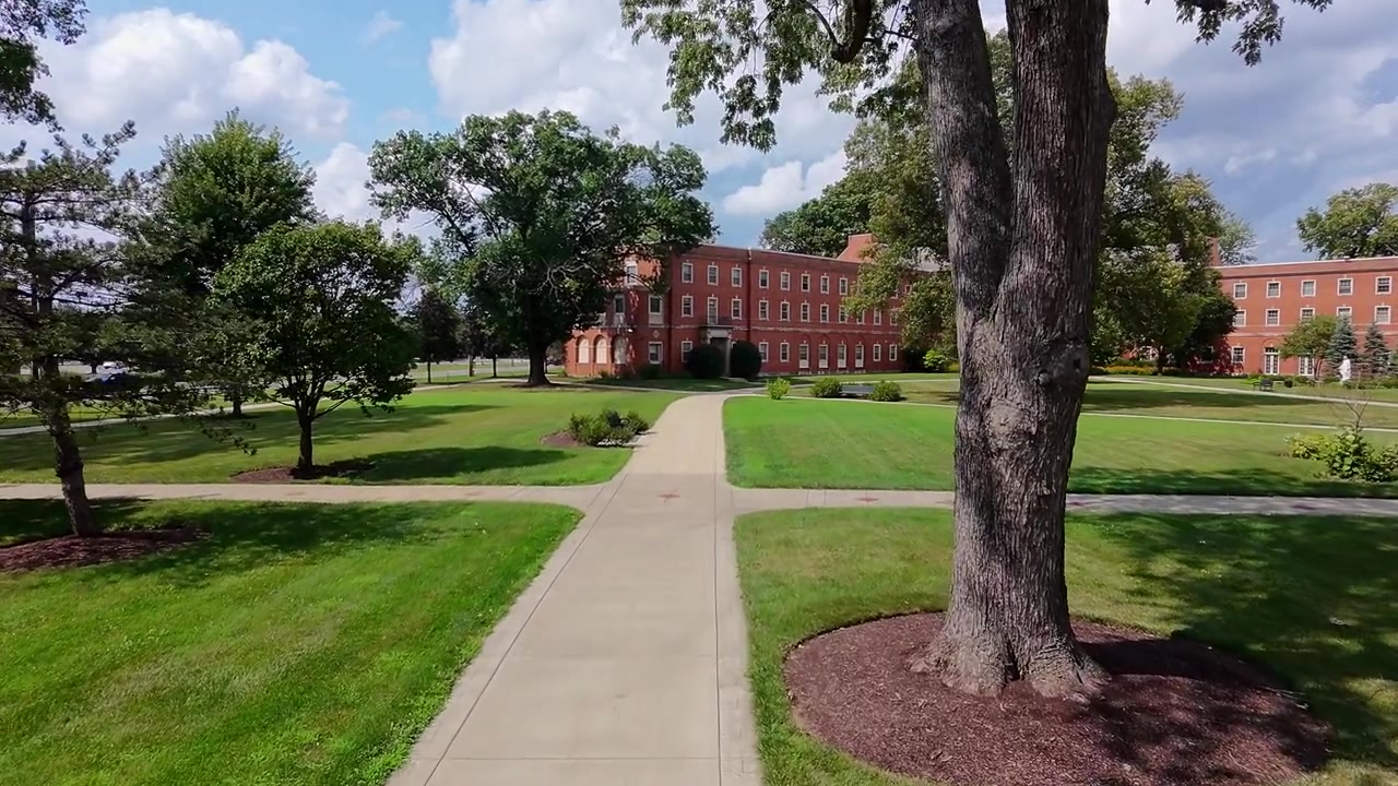 Drone shot of Stansbury Hall at Ohio Dominican University in Columbus, Ohio