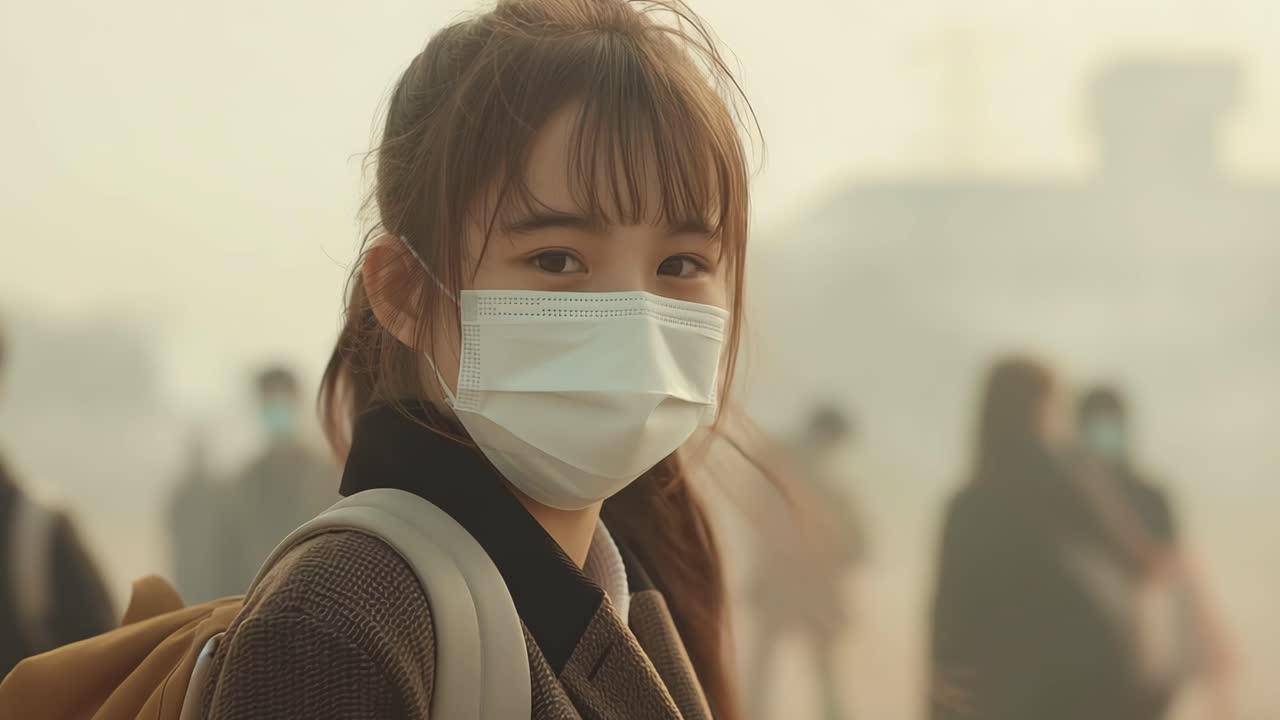 Girl wearing a face mask in a smog filled city