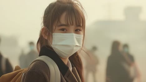 girl wearing a face mask in a smog filled city