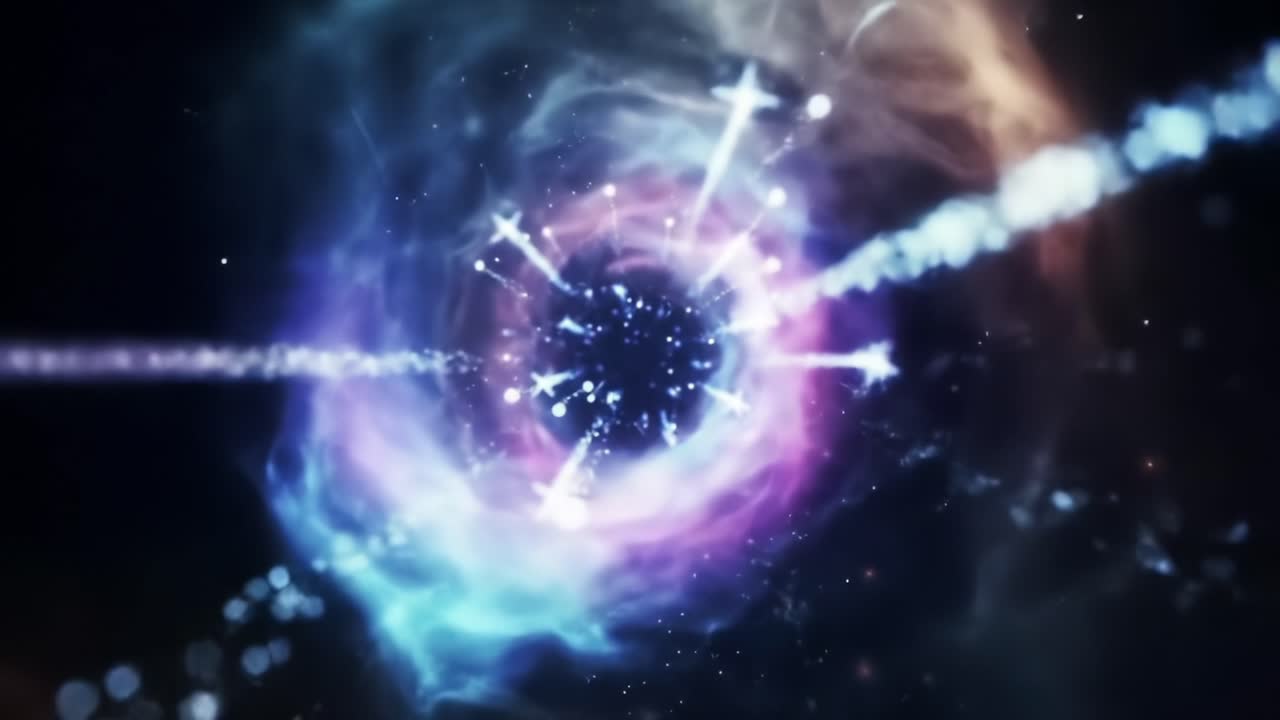 Un affascinante vortice cosmico di colori vivaci e particelle luminose ruota a spirale in un oscuro abisso, mostrando una straordinaria sinfonia visiva di spazio e dinamiche energetiche